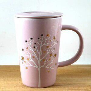 Davids Tea Pink Ceramic Tall Mug & Lid Pink Starry Tree
